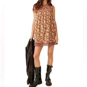 Free People Shea Printed Smocked Dress Large Lace Hem Lace Floral Brown Babydoll